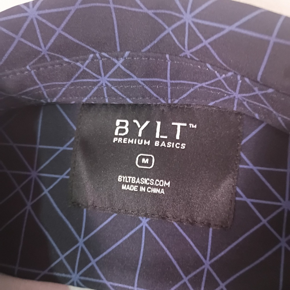 BYLT Riviera Short Sleeve Button Down Grid Navy Blue Mens Medium Stretch Casual - Picture 7 of 14